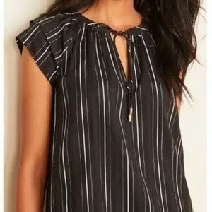 Ann Taylor Black Gold Striped Blouse Lightweight Tie Front - Size XS